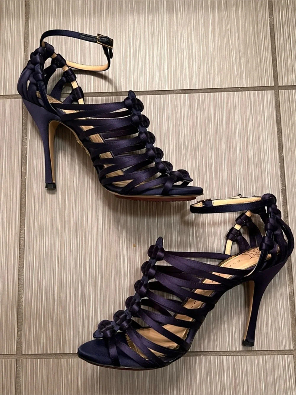 Charlotte Olympia navy web collection stiletto satin braided heels shoes 8 - Picture 2 of 7
